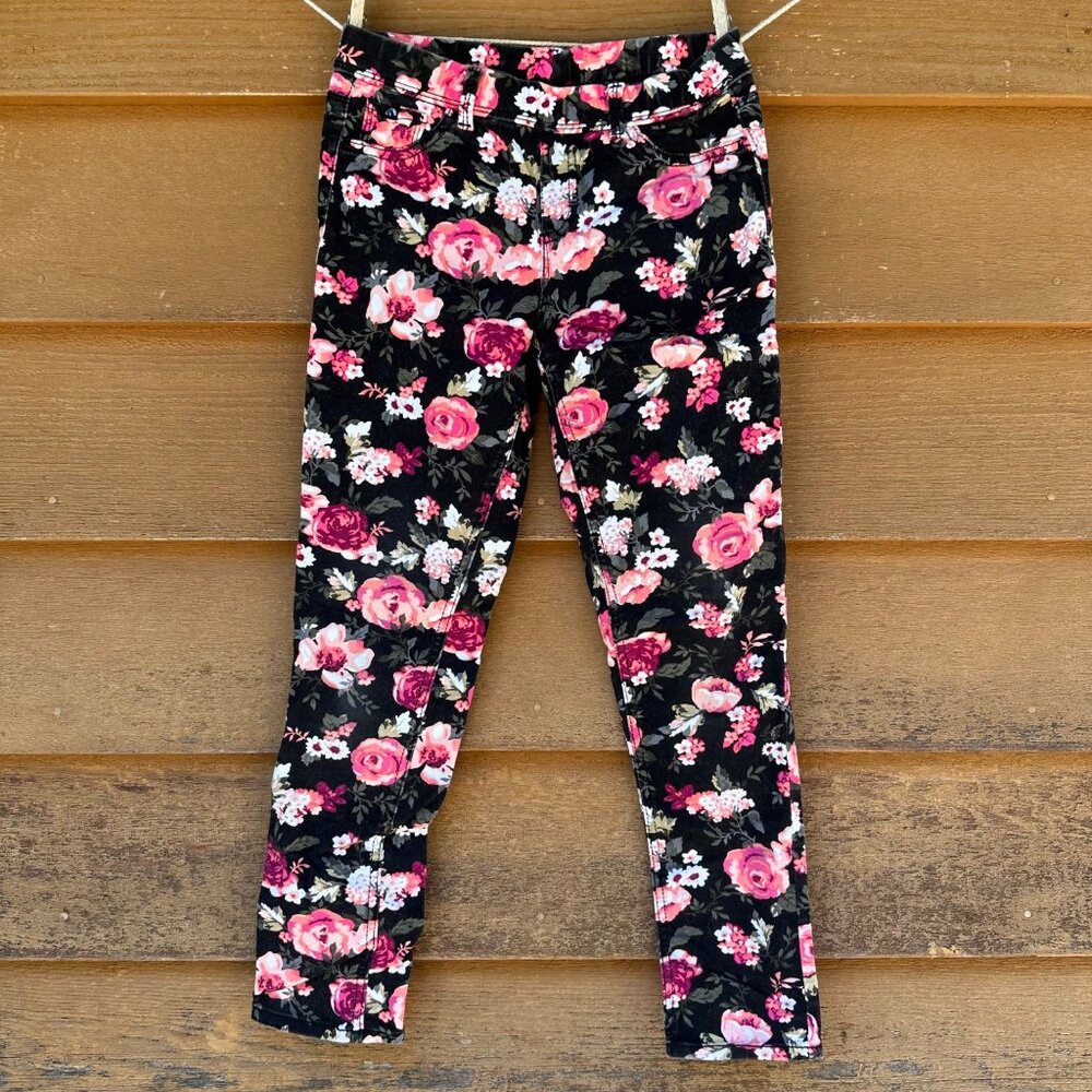Jordache Floral Jeggings For Girls Size L 10/12 Black Pink Rose Print Stretchy